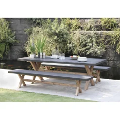 Macabane SALON DE JARDIN EN FIBRE DE BETON ET ACACIA 8 pers - Ensemble jardin - 1 Table rectangulaire 200*100 cm et 2 bancs Online