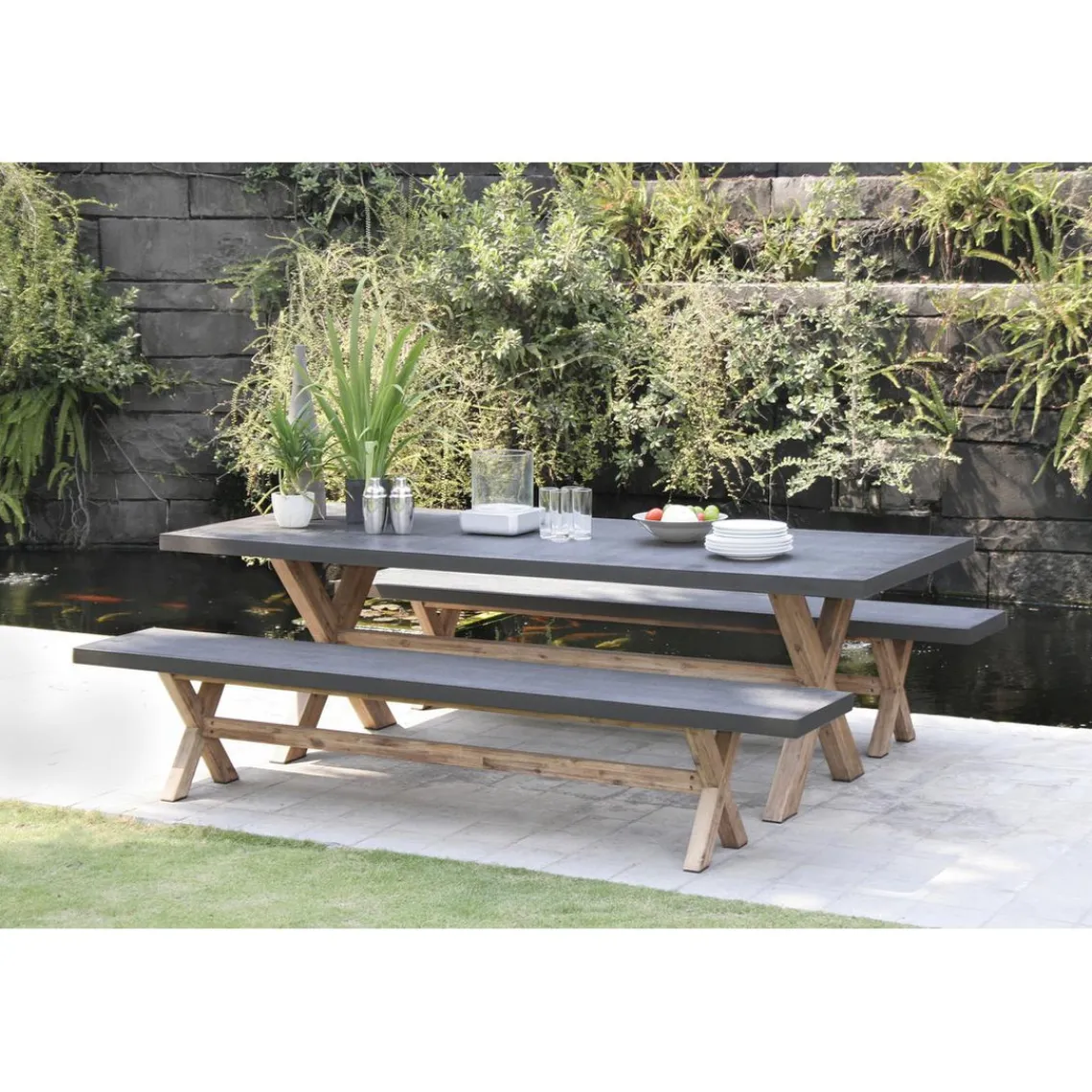 Macabane SALON DE JARDIN EN FIBRE DE BETON ET ACACIA 8 pers - Ensemble jardin - 1 Table rectangulaire 200*100 cm et 2 bancs Online