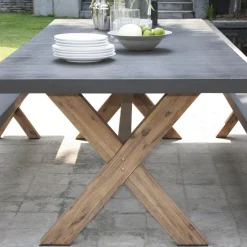 Macabane SALON DE JARDIN EN FIBRE DE BETON ET ACACIA 8 pers - Ensemble jardin - 1 Table rectangulaire 200*100 cm et 2 bancs Online