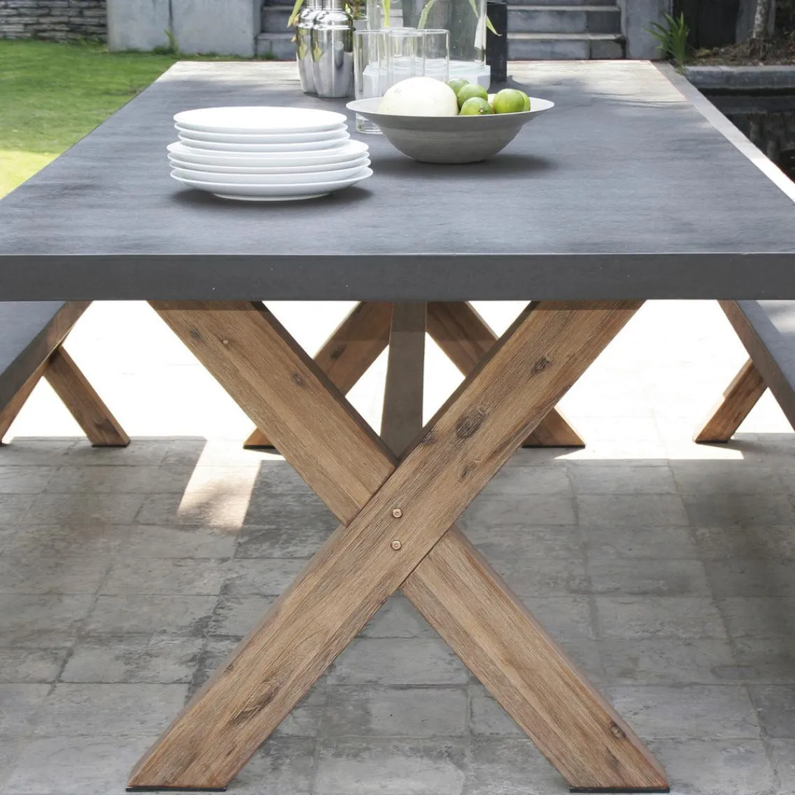 Macabane SALON DE JARDIN EN FIBRE DE BETON ET ACACIA 8 pers - Ensemble jardin - 1 Table rectangulaire 200*100 cm et 2 bancs Online