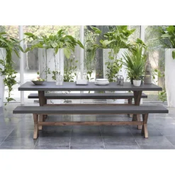 Macabane SALON DE JARDIN EN FIBRE DE BETON ET ACACIA 8 pers - Ensemble jardin - 1 Table rectangulaire 200*100 cm et 2 bancs Online