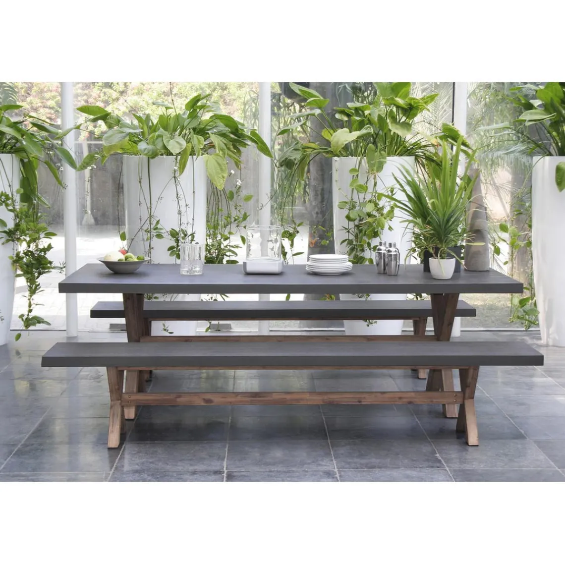 Macabane SALON DE JARDIN EN FIBRE DE BETON ET ACACIA 8 pers - Ensemble jardin - 1 Table rectangulaire 200*100 cm et 2 bancs Online