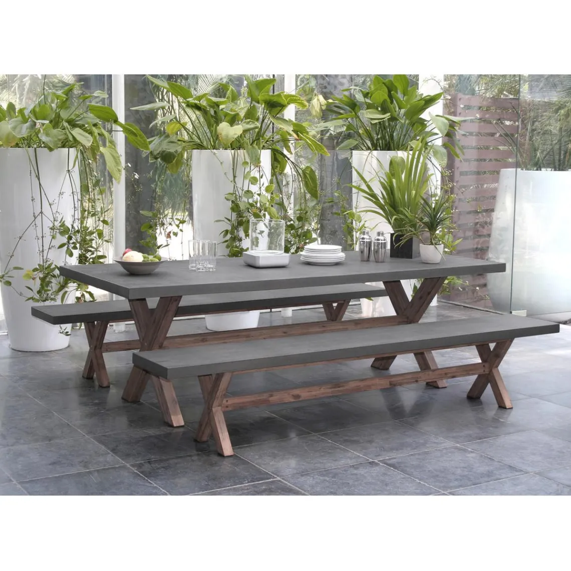 Macabane SALON DE JARDIN EN FIBRE DE BETON ET ACACIA 8 pers - Ensemble jardin - 1 Table rectangulaire 200*100 cm et 2 bancs Online
