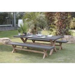 Macabane SALON DE JARDIN EN FIBRE DE BETON ET ACACIA 8 pers - Ensemble jardin - 1 Table rectangulaire 200*100 cm et 2 bancs Online