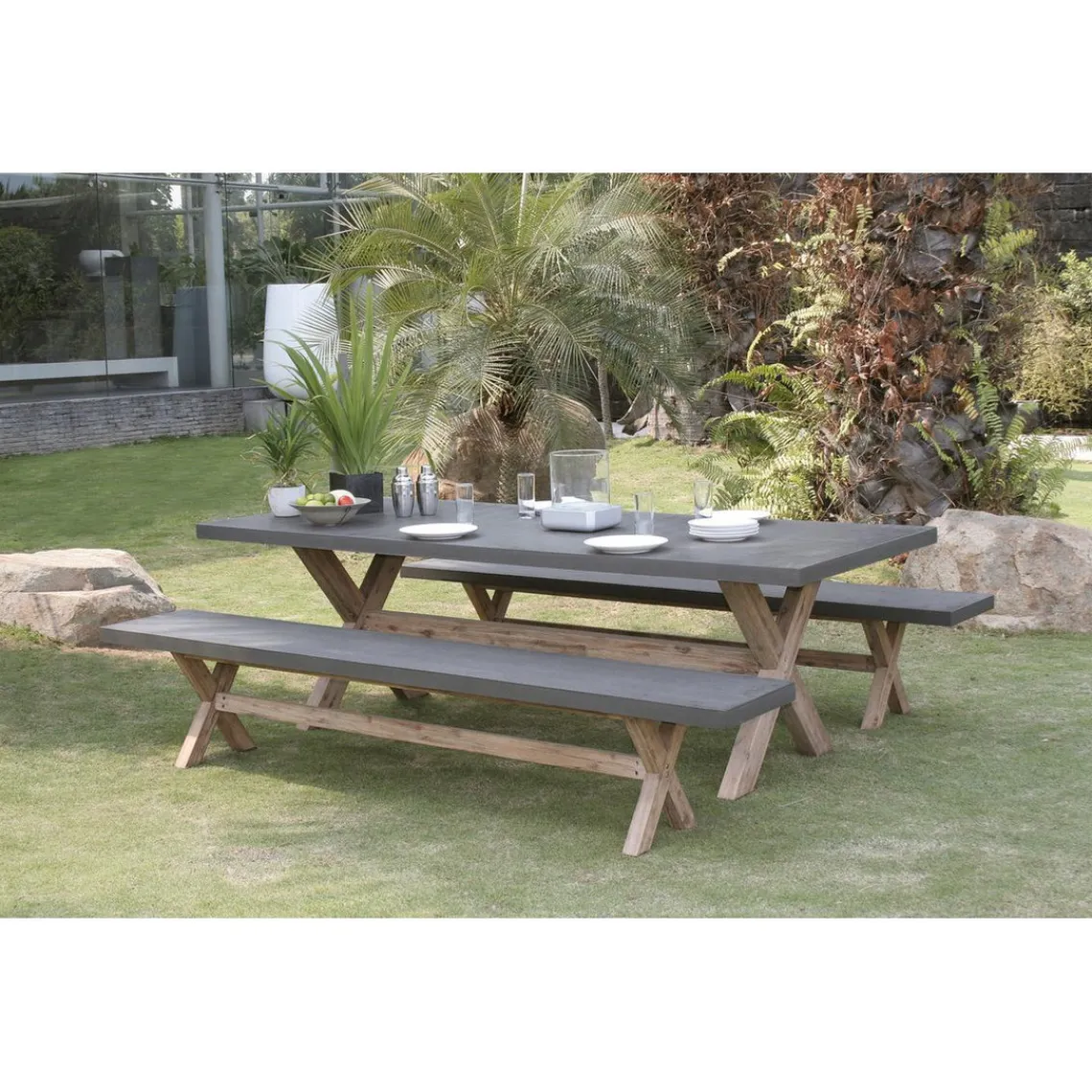 Macabane SALON DE JARDIN EN FIBRE DE BETON ET ACACIA 8 pers - Ensemble jardin - 1 Table rectangulaire 200*100 cm et 2 bancs Online
