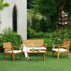 3S. x Home Salon de jardin en rotin et bois massif avec tissu beige TEMUCO style scandinave Best
