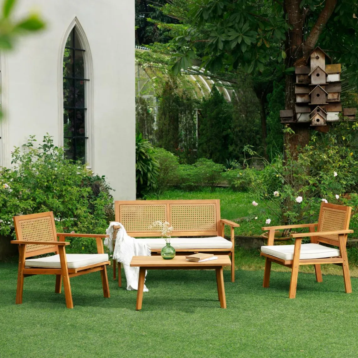 3S. x Home Salon de jardin en rotin et bois massif avec tissu beige TEMUCO style scandinave Best
