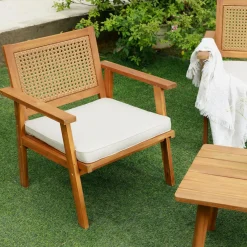 3S. x Home Salon de jardin en rotin et bois massif avec tissu beige TEMUCO style scandinave Best