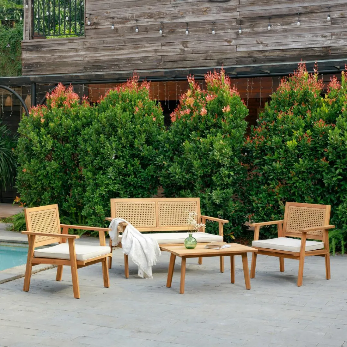 3S. x Home Salon de jardin en rotin et bois massif avec tissu beige TEMUCO style scandinave Best