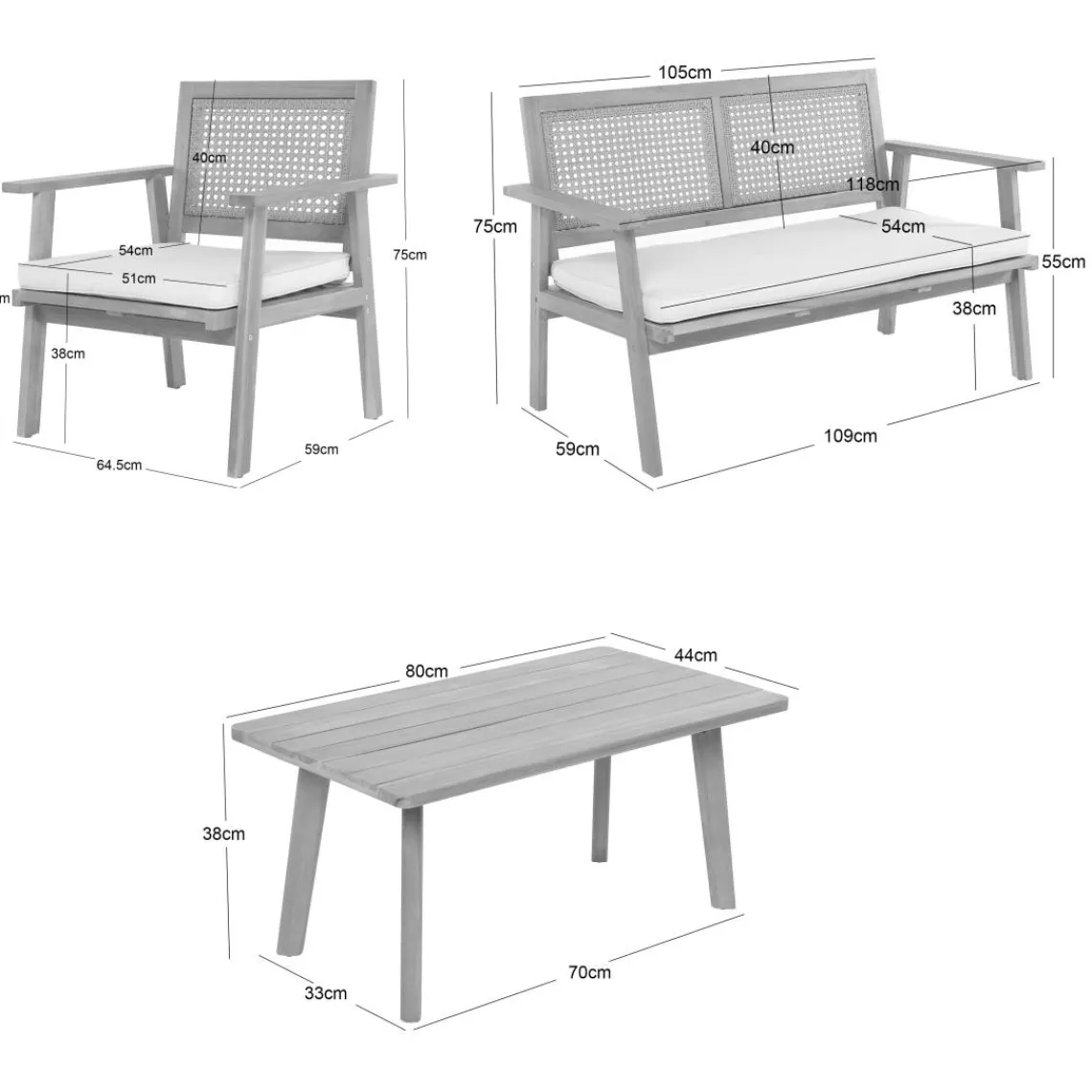 3S. x Home Salon de jardin en rotin et bois massif avec tissu beige TEMUCO style scandinave Best