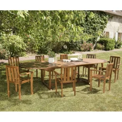 Macabane Salon de jardin HANNA en bois teck huilé 10/12 personnes - ensemble de jardin : 1 table ovale extensible 200/300*120 cm et 8 fauteuils empilables Sale