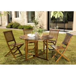 Macabane Salon de jardin HANNA en bois teck huilé 4/5 personnes - ensemble de jardin : 1 table ronde à rabats papillon et 4 chaises
