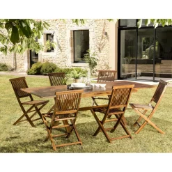 Macabane Salon de jardin HANNA en bois teck huilé 8/10 personnes - ensemble de jardin : 1 table rectangulaire pieds croisés extensible 180*240/100 cm et 6 chaises. Beige New