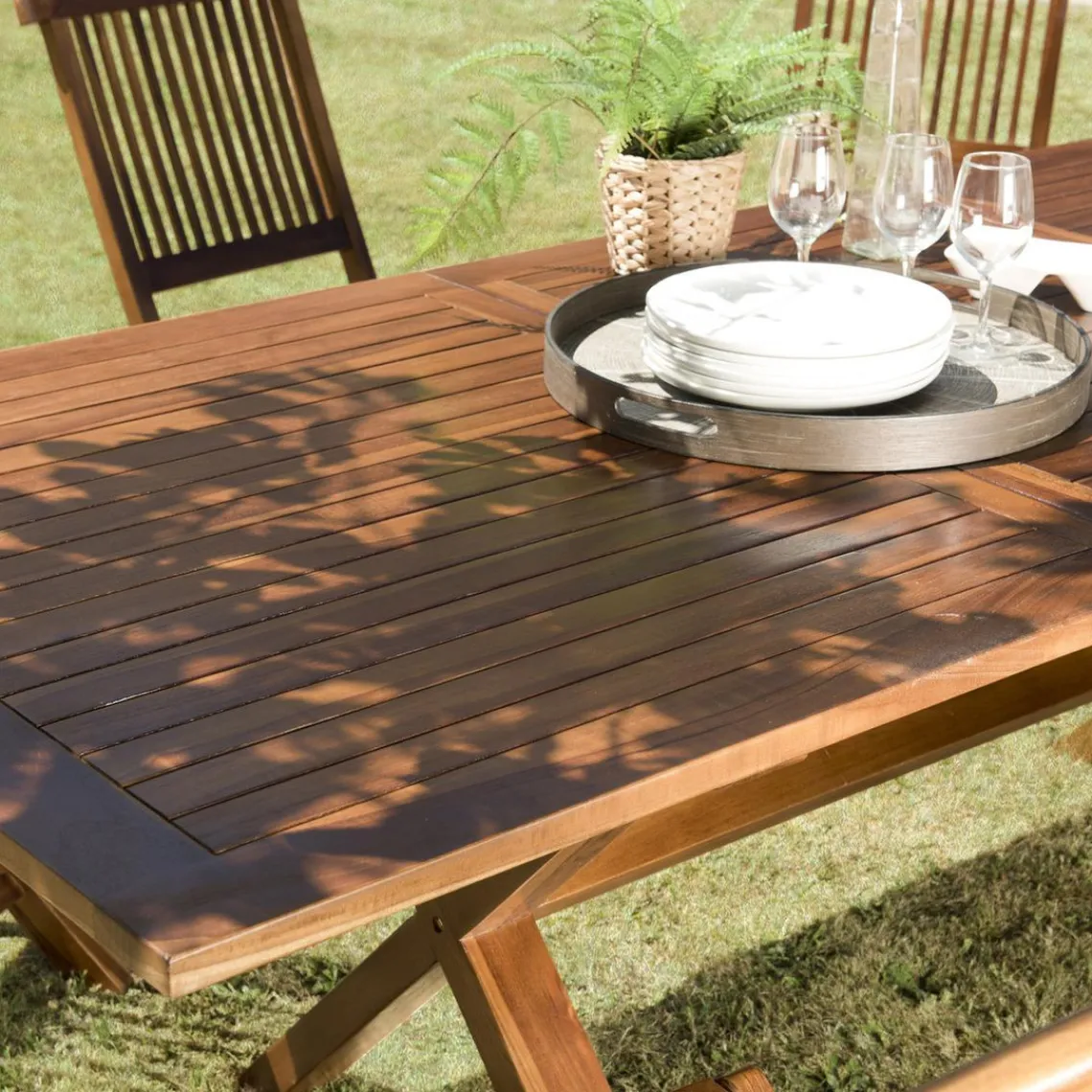 Macabane Salon de jardin HANNA en bois teck huilé 8/10 personnes - ensemble de jardin : 1 table rectangulaire pieds croisés extensible 180*240/100 cm et 6 chaises. Beige New