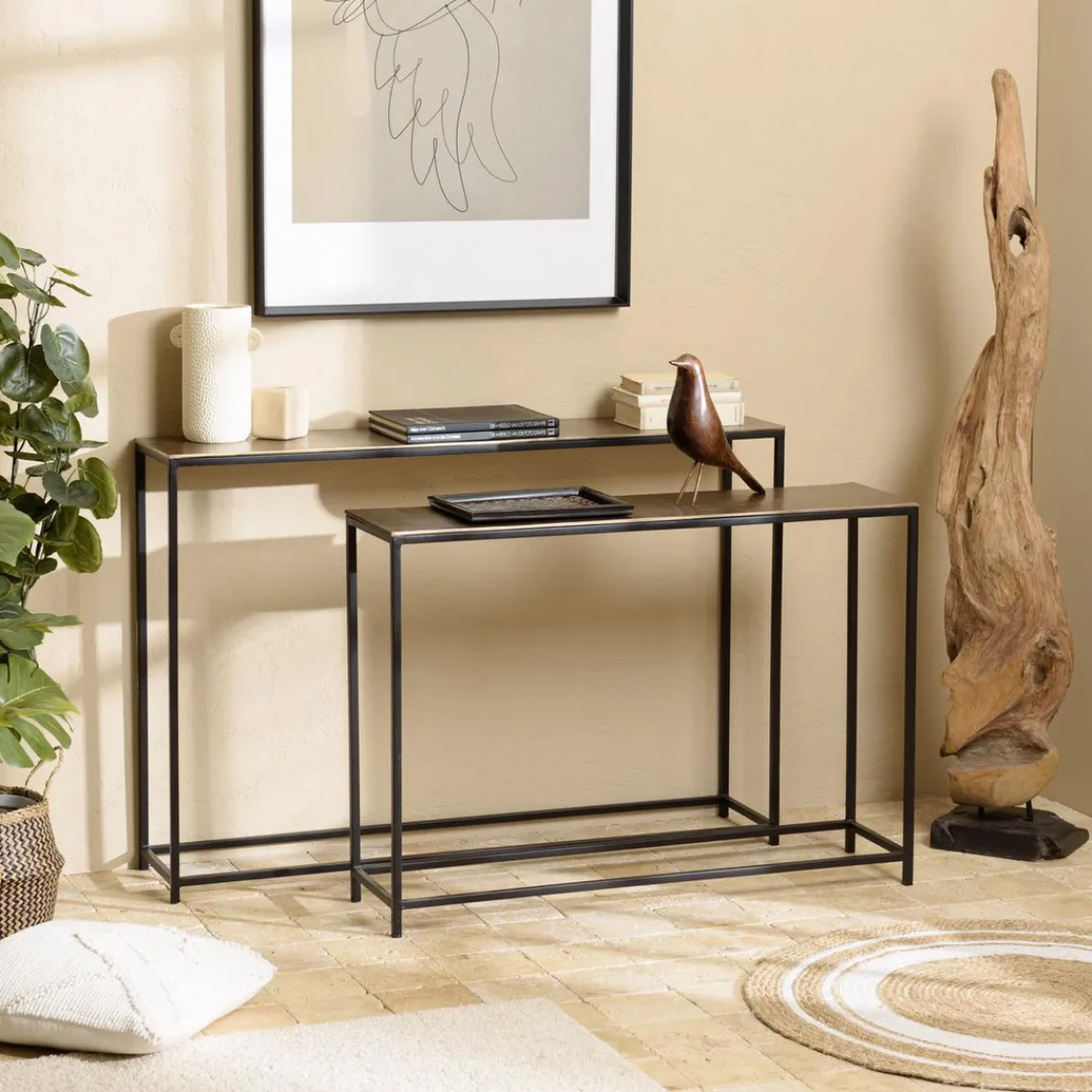 Macabane Set de 2 consoles gigognes aluminium doré et noir pieds métal JOHAN New