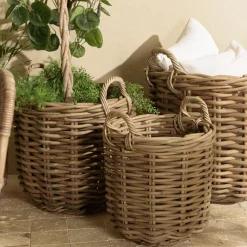 Macabane Set de 3 paniers de rangement ronds en rotin naturel KALLY Hot
