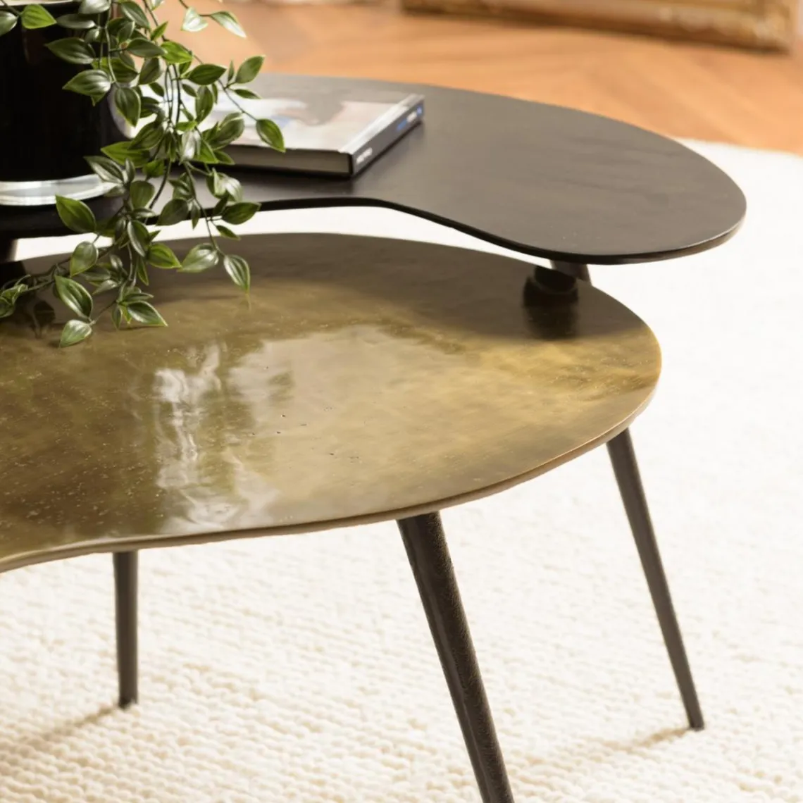 Macabane Set de 2 tables basses ovoïdes en Aluminium JAMES Noir mat et Doré Best