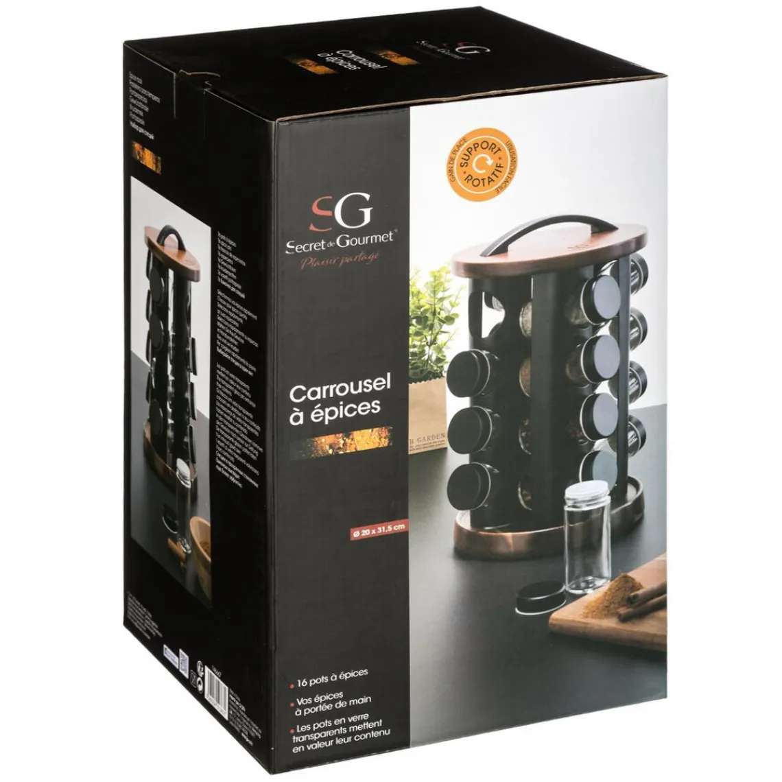 3S. x Home Support rotatif acacia 16 pots à épices New