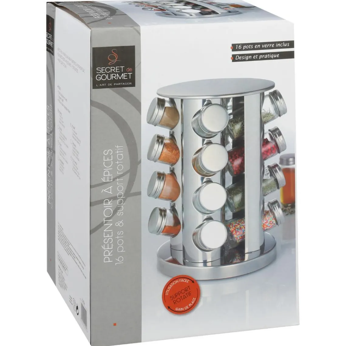 3S. x Home Support rotatif inox 16 pots à épices Discount