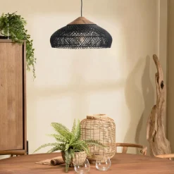 Macabane Suspension en rotin couleur noire et teck recyclé SIXTINE Best