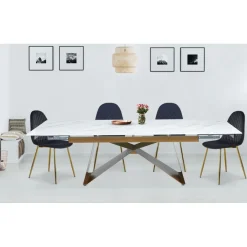 3S. x Home Table à manger extensible Mogarie en Verre effet Marbre Blanc et pieds Or Discount