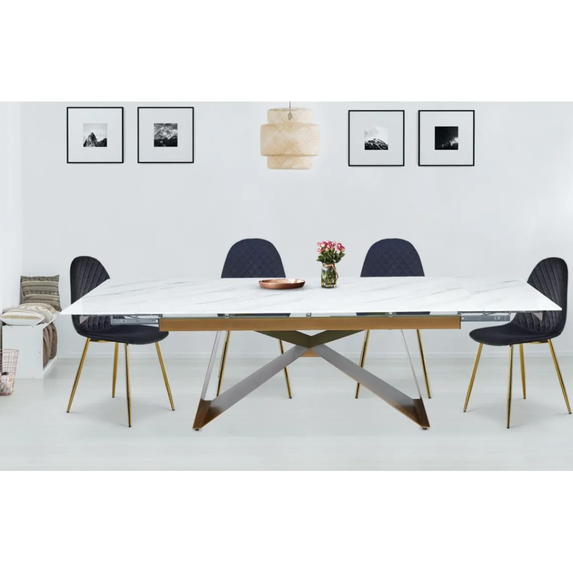 3S. x Home Table à manger extensible Mogarie en Verre effet Marbre Blanc et pieds Or Discount