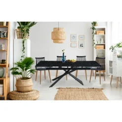 3S. x Home Table à manger extensible Ismael en Verre effet marbre noir et pieds Métal Noir Discount