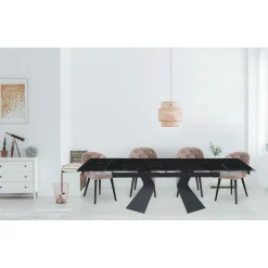 3S. x Home Table à manger extensible Icaria en Verre effet marbre noir et pieds Métal Noir Outlet
