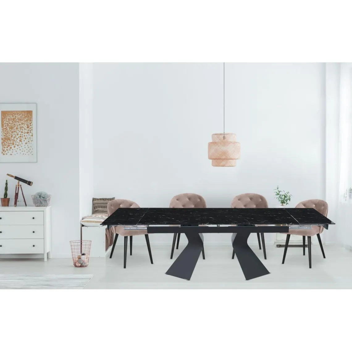 3S. x Home Table à manger extensible Icaria en Verre effet marbre noir et pieds Métal Noir Outlet