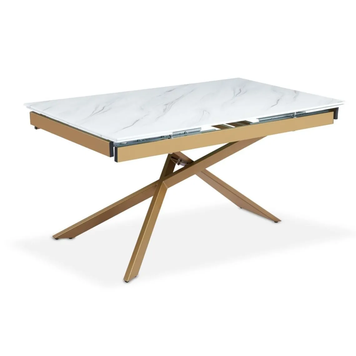3S. x Home Table à manger extensible Ismael en Verre effet Marbre Blanc et pieds Métal Or Outlet