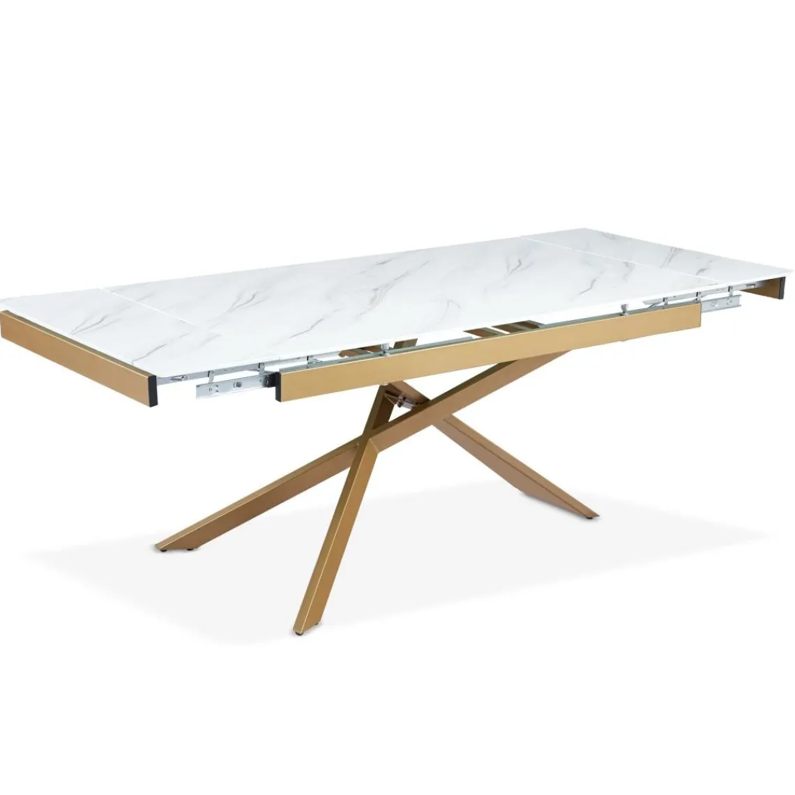 3S. x Home Table à manger extensible Ismael en Verre effet Marbre Blanc et pieds Métal Or Outlet