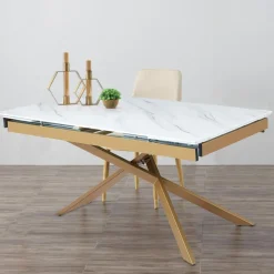 3S. x Home Table à manger extensible Ismael en Verre effet Marbre Blanc et pieds Métal Or Outlet