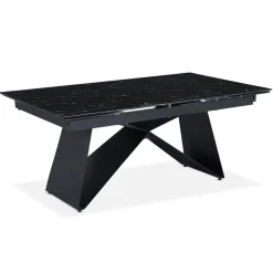 3S. x Home Table à manger extensible Mogarie en Verre effet marbre noir et pieds Métal Noir Clearance