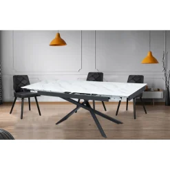 3S. x Home Table à manger extensible Ismael en Verre effet marbre blanc et pieds Métal Noir Hot