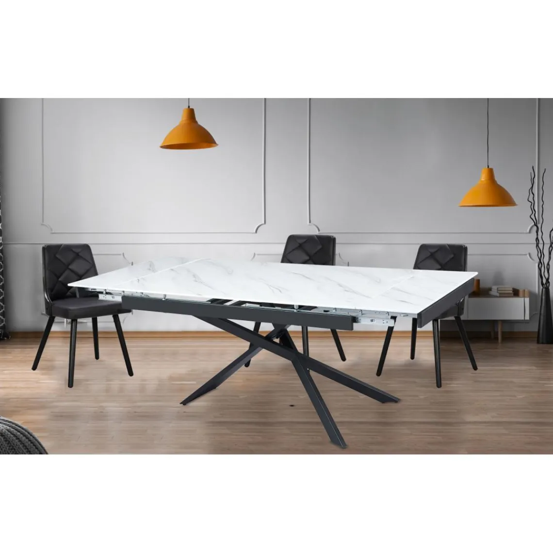 3S. x Home Table à manger extensible Ismael en Verre effet marbre blanc et pieds Métal Noir Hot