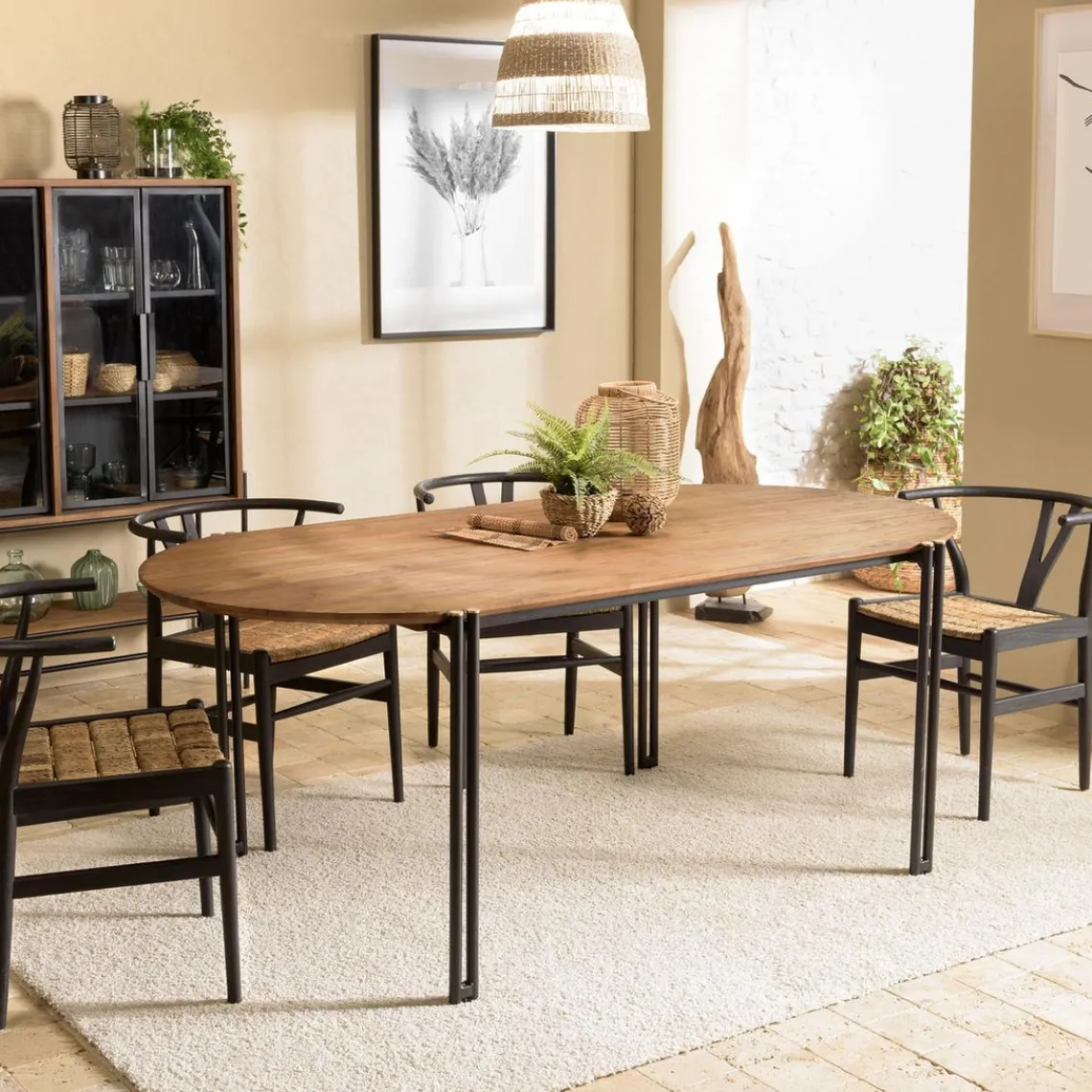 Macabane Table à manger ovale 200x105cm plateau bois de teck recyclé