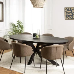 Macabane Table à manger plateau ovale effet pierre motifs dorés BASILE New