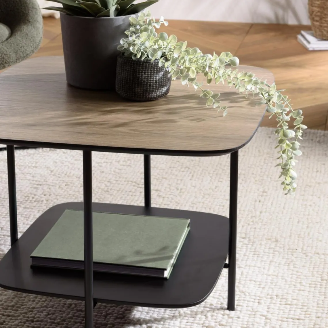 Macabane Table basse 2 plateaux bi-matière mocha noir pieds métal Online