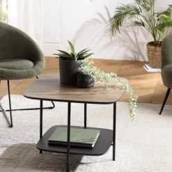 Macabane Table basse 2 plateaux bi-matière mocha noir pieds métal Online