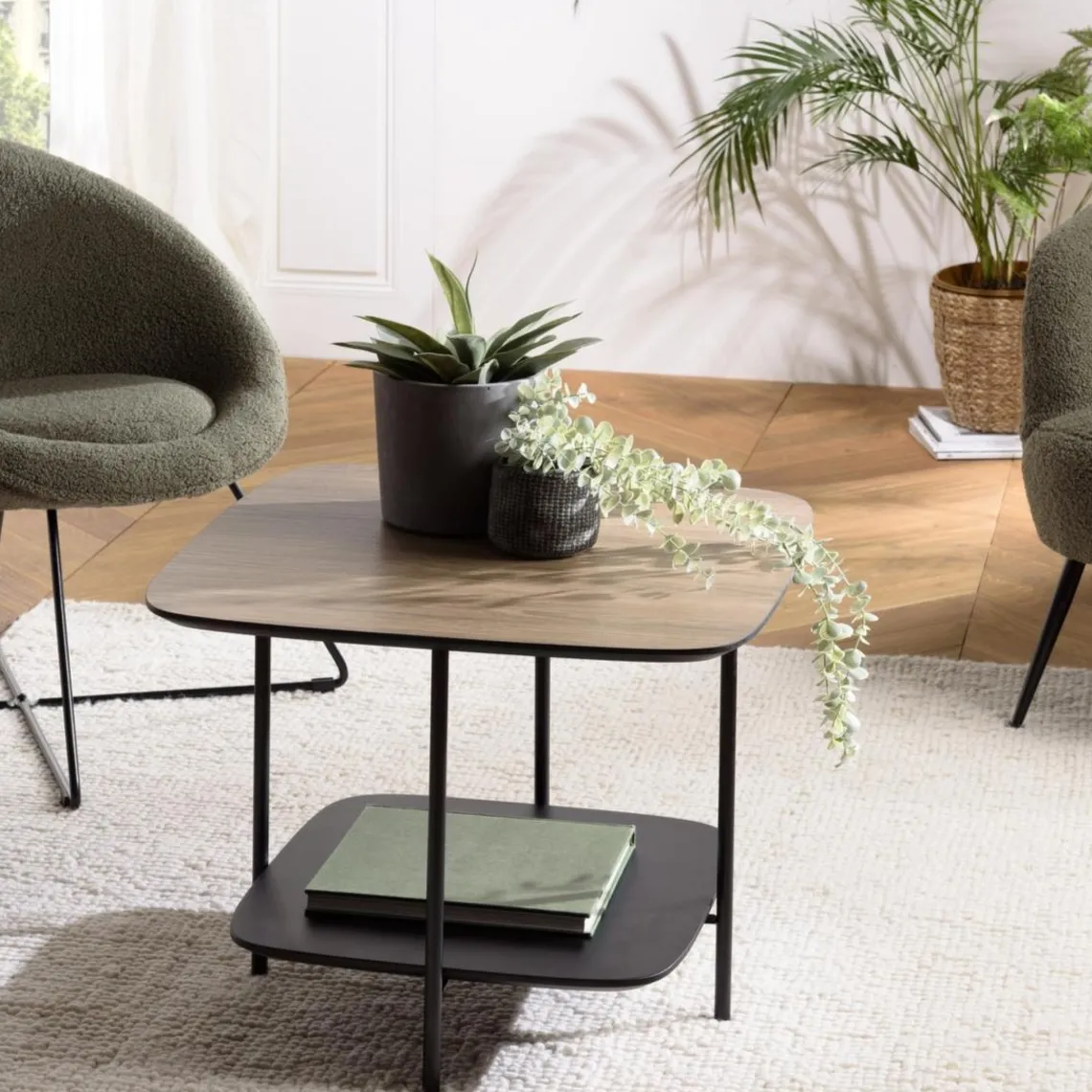 Macabane Table basse 2 plateaux bi-matière mocha noir pieds métal Online