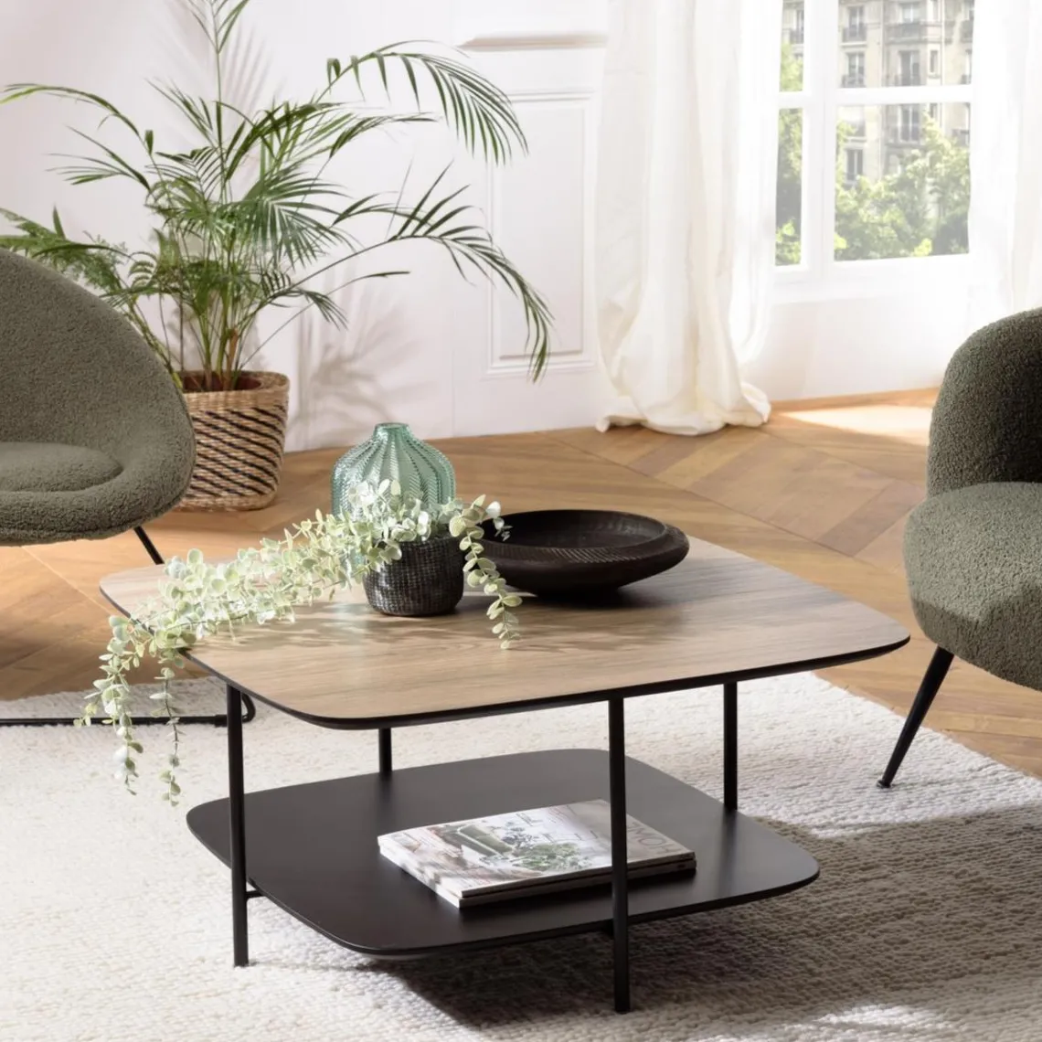 Macabane Table basse 2 plateaux bi-matière mocha noir pieds métal JULIA Best