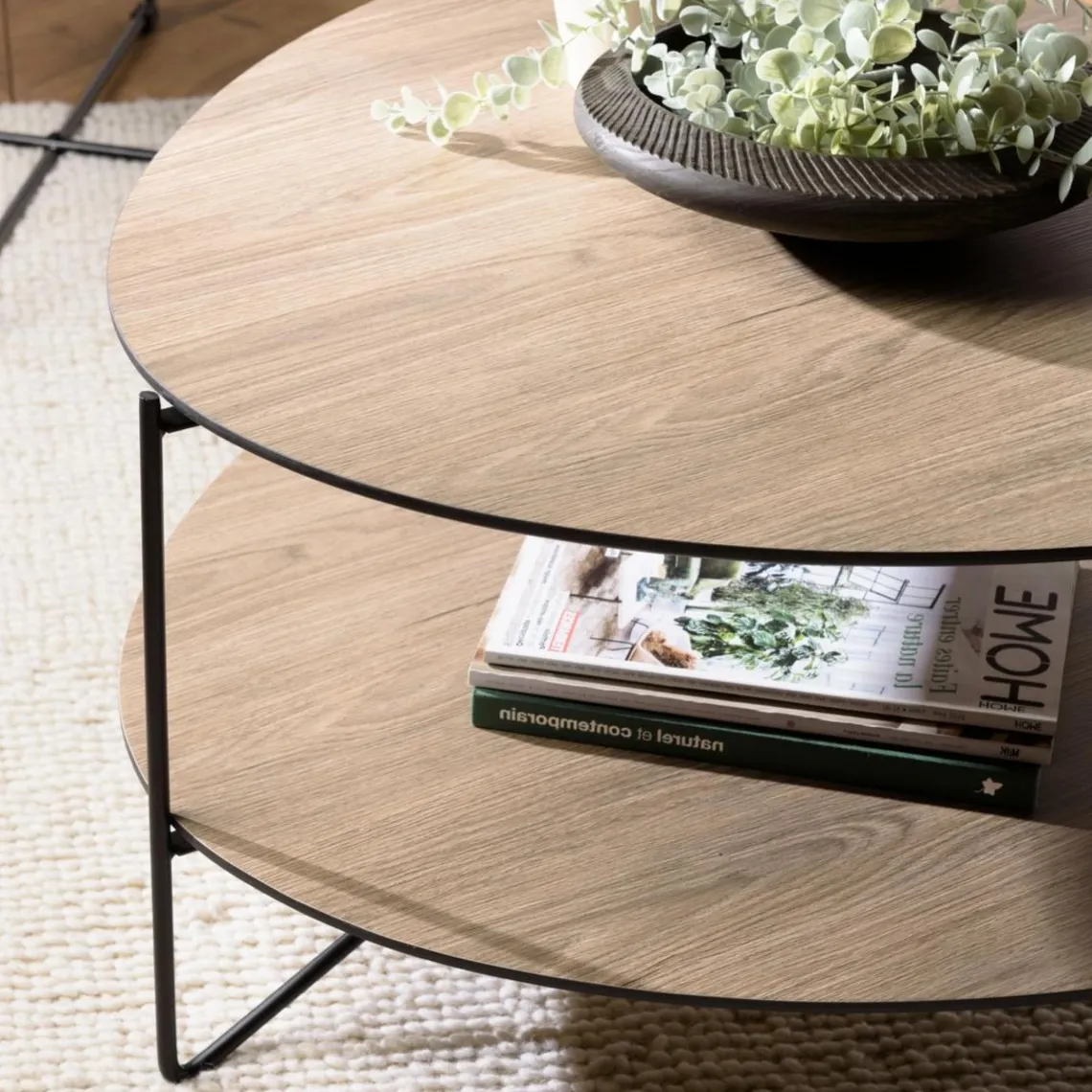 Macabane Table basse 2 plateaux forme ovoïde couleur mocha pieds métal JULIA Clearance