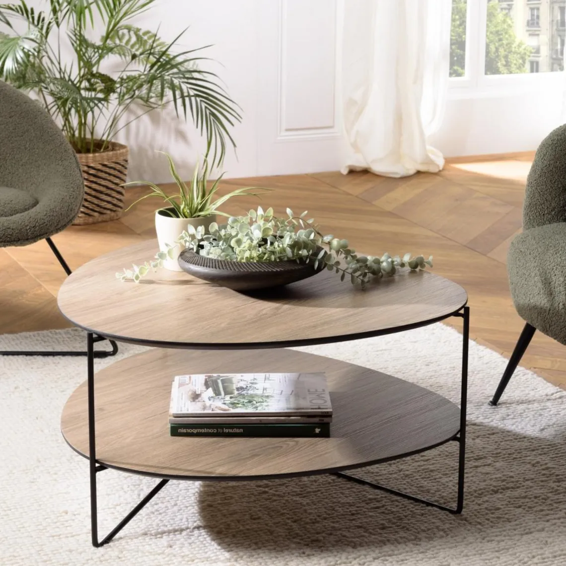 Macabane Table basse 2 plateaux forme ovoïde couleur mocha pieds métal JULIA Clearance