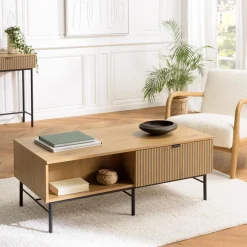 Macabane Table basse 2 tiroirs décor effet bois rainuré noir naturel SCOTT Discount