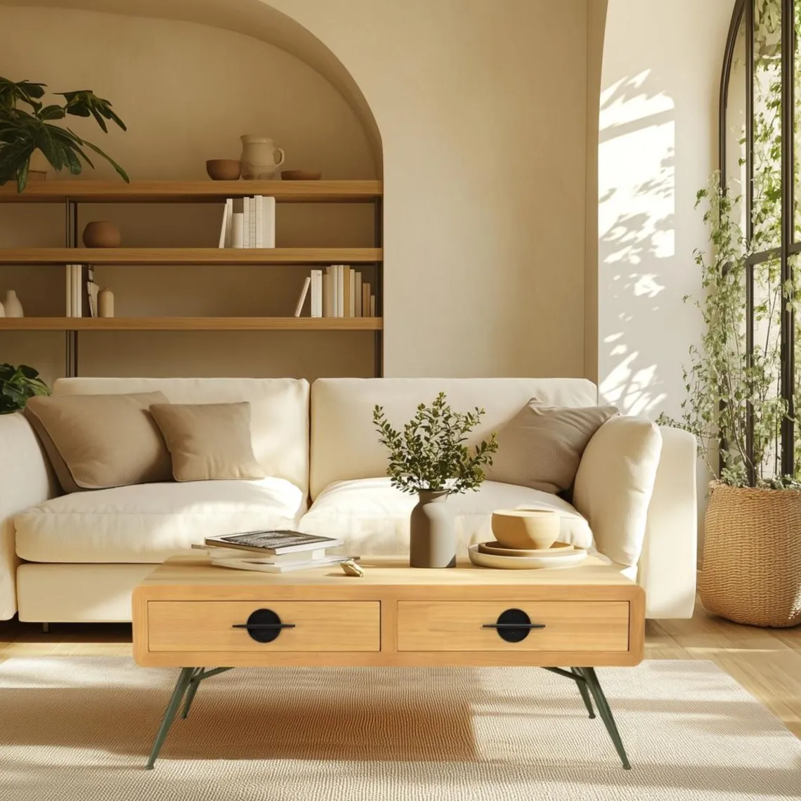 Macabane Table basse 2 tiroirs pin couleur naturelle pieds métal vert HELENA New