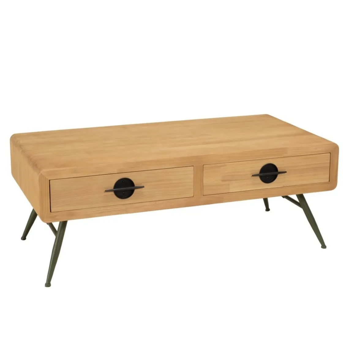 Macabane Table basse 2 tiroirs pin couleur naturelle pieds métal vert HELENA New