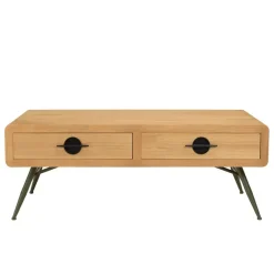 Macabane Table basse 2 tiroirs pin couleur naturelle pieds métal vert HELENA New