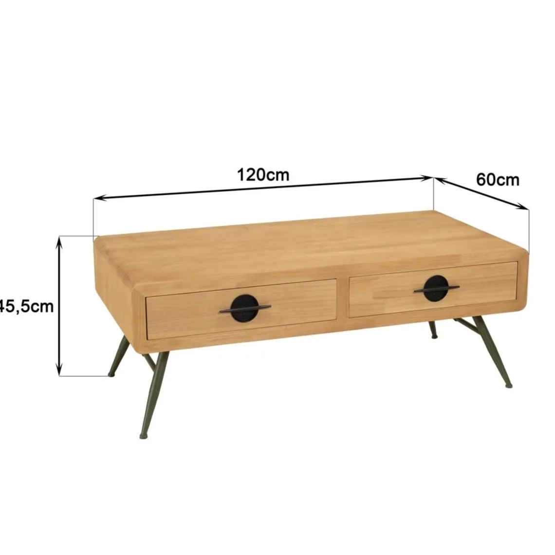 Macabane Table basse 2 tiroirs pin couleur naturelle pieds métal vert HELENA New