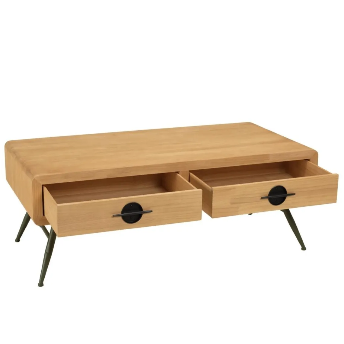 Macabane Table basse 2 tiroirs pin couleur naturelle pieds métal vert HELENA New