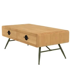 Macabane Table basse 2 tiroirs pin couleur naturelle pieds métal vert HELENA New